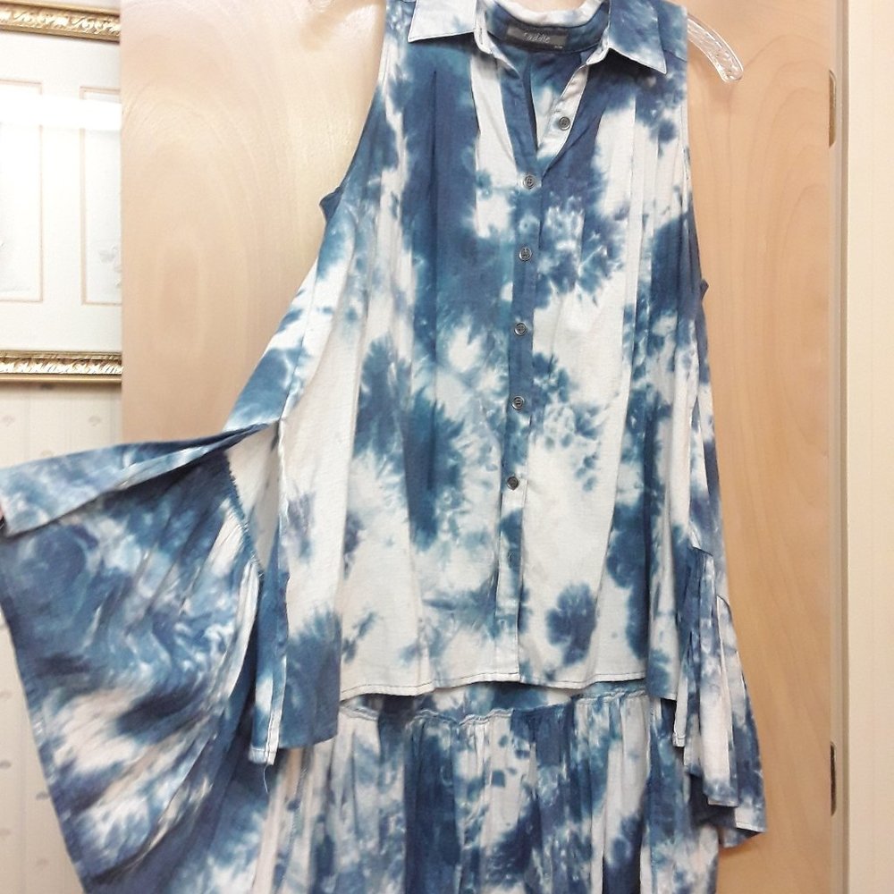 Blue White Tie Die High Low Ruffle Boho Tunic Addie M